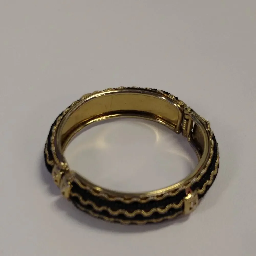 Hinged Bangle Bracelet Gold Black Gimp Trim Fabric Gold-tone Metal 2.5
